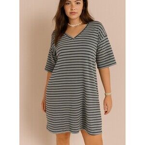 J Jill Dress Size Medium Blue Striped Sheath Terry Knit Pockets Basic Casual